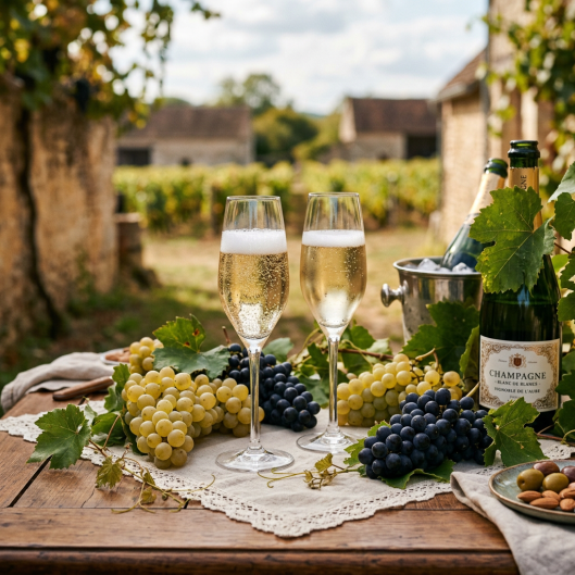 Des flûtes de champagne pétillantes posées élégamment sur une table, entourées de grappes de raisins Chardonnay et Pinot Noir.e