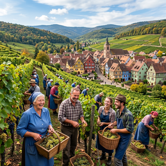 Un vignoble surplombant un charmant village alsacien, avec des maisons colorées et des vendangeurs largement souriants récoltant les raisins.