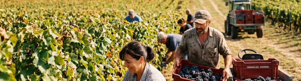 Workers harvesting grapes in a vineyard with a village and church beyond