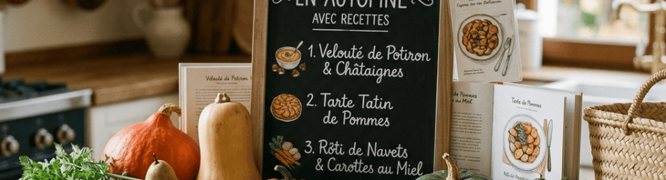 Chalkboard reading “Les produits de saison en automne” with three French recipes