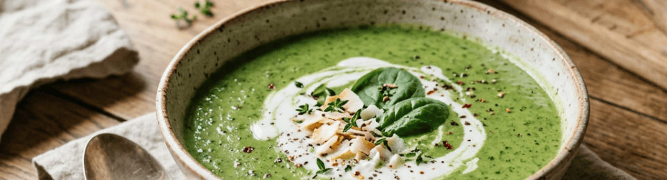 Bowl of creamy green soup garnished with herbs and greens on a wooden table