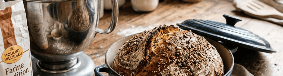 Seeded artisan loaf in a Dutch oven beside a stand mixer and baking ingredients