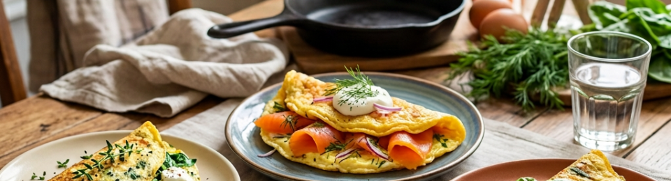 Text reads «Recette de trois omelettes rapides, faciles et originales» followed by «1. Chèvre-Épinard», «2. Saumon Fumé & Aneth», «2. Saumon Fumé & Aneth», and «3. Tomates-Féta» above three plated omelettes.