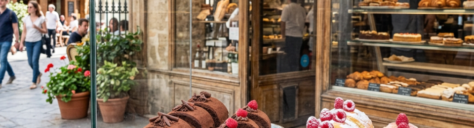 Chocolate and raspberry roulades displayed outside a French patisserie