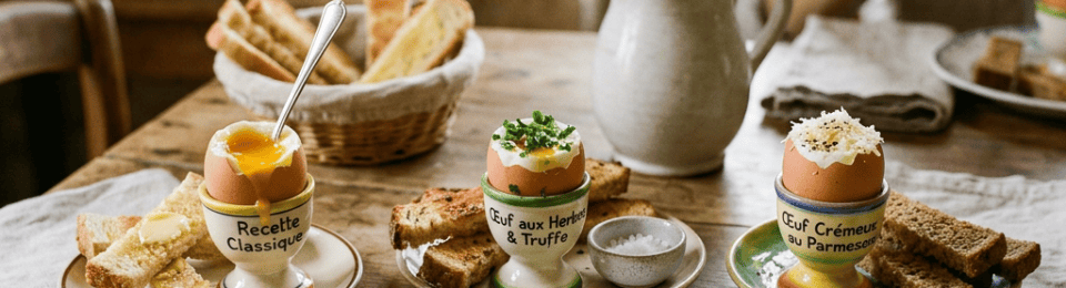 Three egg dishes labeled “Recette Classique,” “Œuf aux Herbes & Truffe,” and “Œuf Crémeux au Parmesan”; note reads “Œufs à la Coque: 3 recettes.”