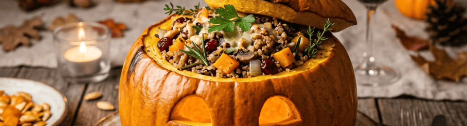 Carved pumpkin filled with stuffing on a Halloween dinner table