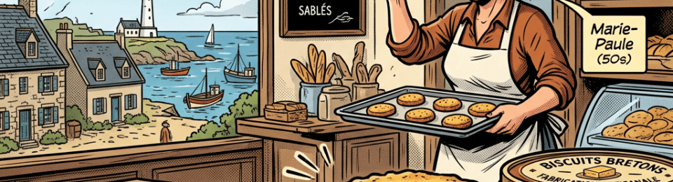 Illustration text: BISCUITS BRETON; Goûtez nos délicieux Biscuits Breton! Pur beurre salé, croquants et fondants!; BOULANGERIE LA PALOURDE; PATISSERIE; Boulangerie, Palets Bretons, 6€ le paquet, Kouign-Amann, Sablés; Le vrai goût de la Bretagne!; Marie-Paule (50s); BISCUITS BRETONS Fabrication artisanale; Palets bretons; Le palet breton: Ce sablé épais et doré, riche en beurre demi-sel et en jaunes d’œufs, est une spécialité emblématique de la Bretagne! Un délice croquant!; YUM!; MIAM!; CRUNCH!
