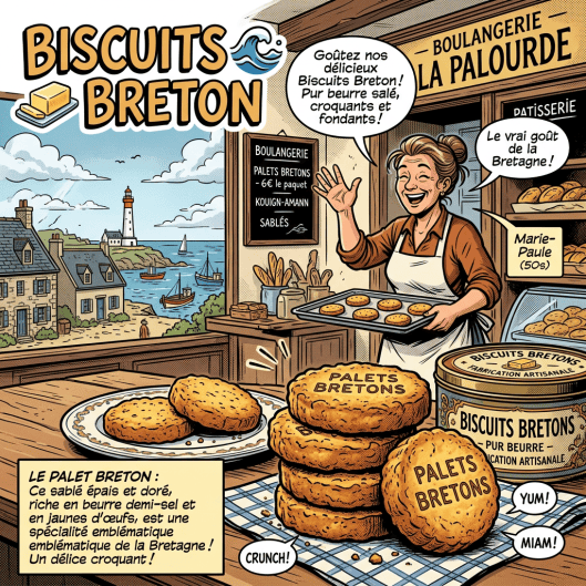 Illustration text: BISCUITS BRETON; Goûtez nos délicieux Biscuits Breton! Pur beurre salé, croquants et fondants!; BOULANGERIE LA PALOURDE; PATISSERIE; Boulangerie, Palets Bretons, 6€ le paquet, Kouign-Amann, Sablés; Le vrai goût de la Bretagne!; Marie-Paule (50s); BISCUITS BRETONS Fabrication artisanale; Palets bretons; Le palet breton: Ce sablé épais et doré, riche en beurre demi-sel et en jaunes d’œufs, est une spécialité emblématique de la Bretagne! Un délice croquant!; YUM!; MIAM!; CRUNCH!