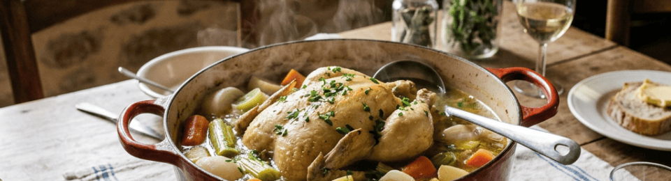 Steaming pot of chicken, potatoes, carrots, and celery on a dining table