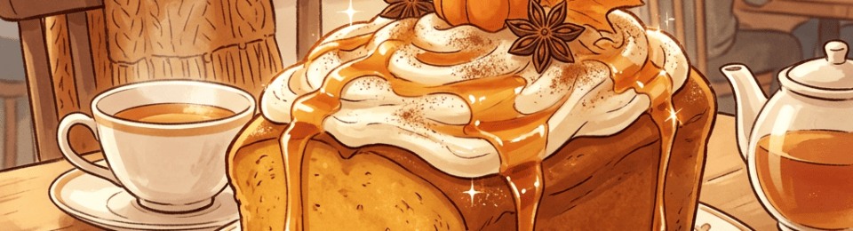 Pumpkin maple cake with whipped cream, tea, and autumn decorations in a café
