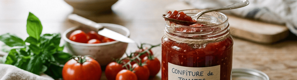Jar labeled "Confiture de tomates Maison Septembre 2023" beside tomato-topped toast