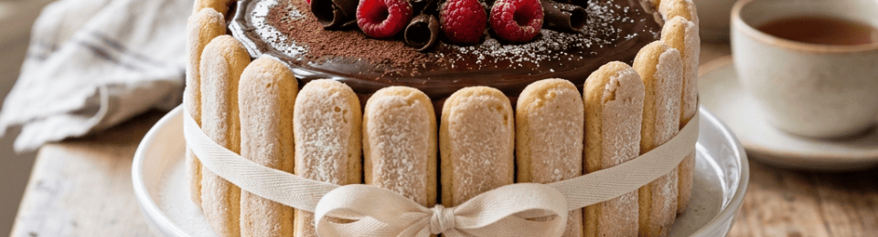 Charlotte cake topped with berries and chocolate curls on a cake stand