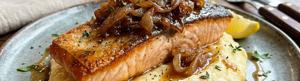 Seared salmon with mashed potatoes, caramelized onions, herbs, and white wine