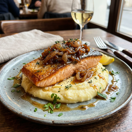 pavé de saumon aux échalotes confites sur lit de purée maison