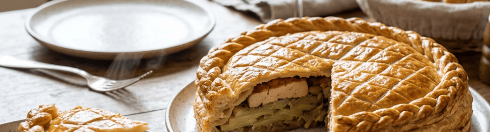Sliced golden savory pie on a plate beside red wine and bread