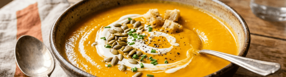 Bowl of pumpkin soup topped with seeds, herbs, cream, and croutons
