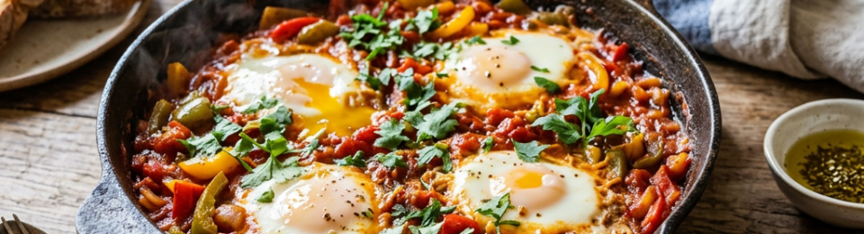 Skillet of shakshuka with three poached eggs, vegetables, herbs, and bread