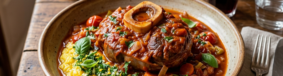 Braised veal shank with tomato sauce over saffron risotto