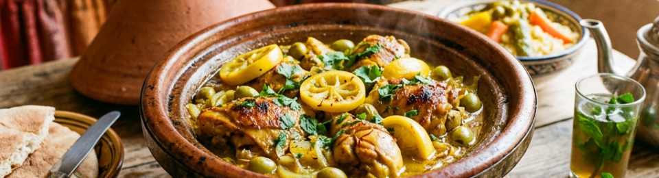 Chicken tagine with preserved lemons, olives, couscous, and mint tea