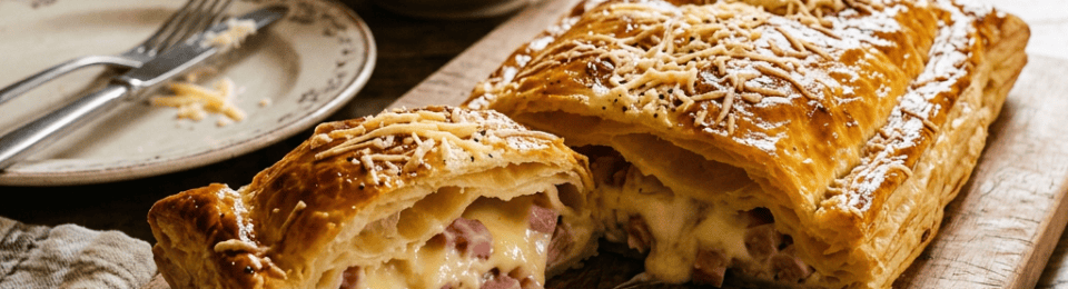 Sliced ham and cheese pastry on a wooden cutting board