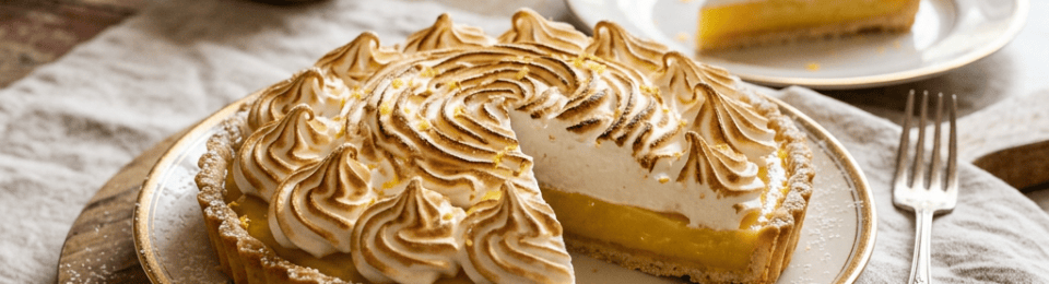 Lemon meringue tart with a slice served on a plate