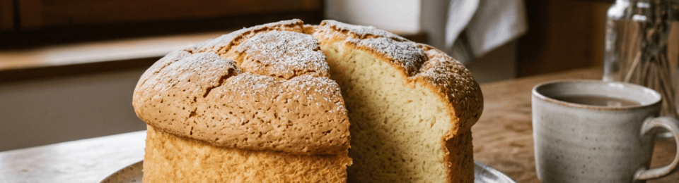 Dusted round cake with a slice removed beside coffee and mountains