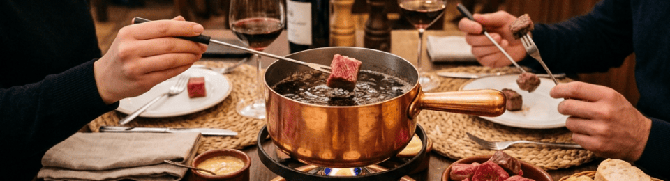 Two people sharing a meat fondue dinner in a restaurant