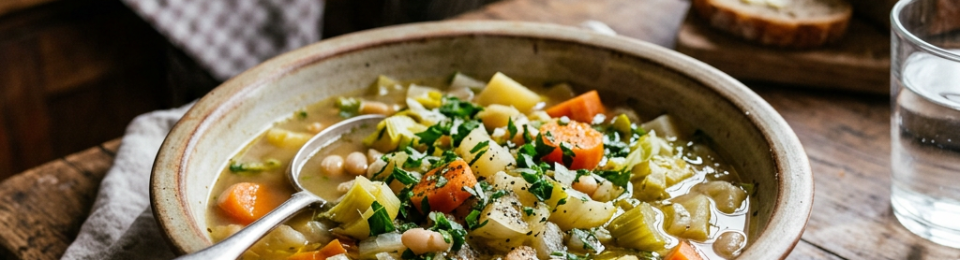 Steaming bowl of vegetable and bean soup with bread on a wooden table