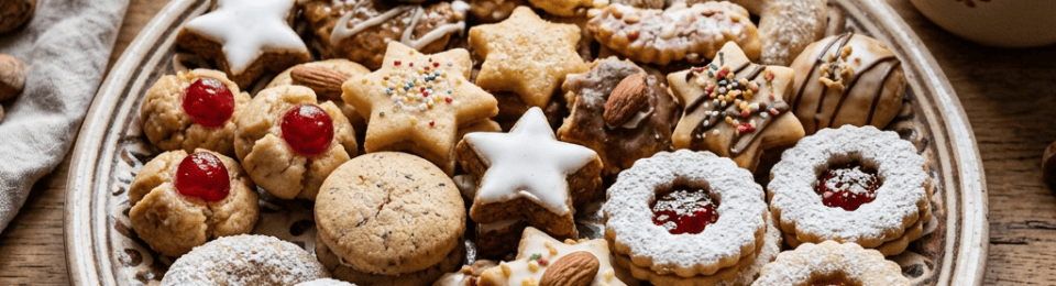 Platter of assorted decorated Christmas cookies beside candle, tea, and evergreen sprigs