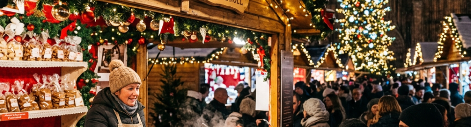 Decorated Christmas market stall selling Alsatian pastries and hot drinks