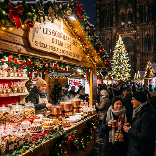 Decorated Christmas market stall selling Alsatian pastries and hot drinks